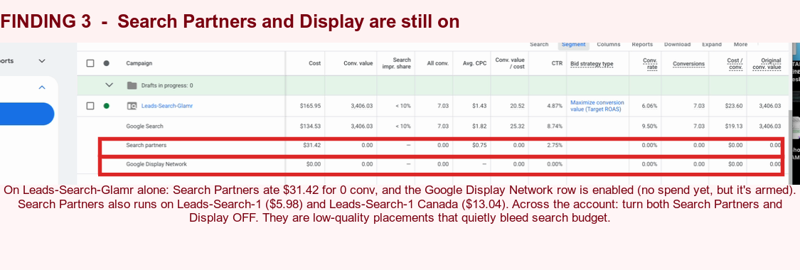 Search Partners and Display Network enabled on Leads-Search-Glamr