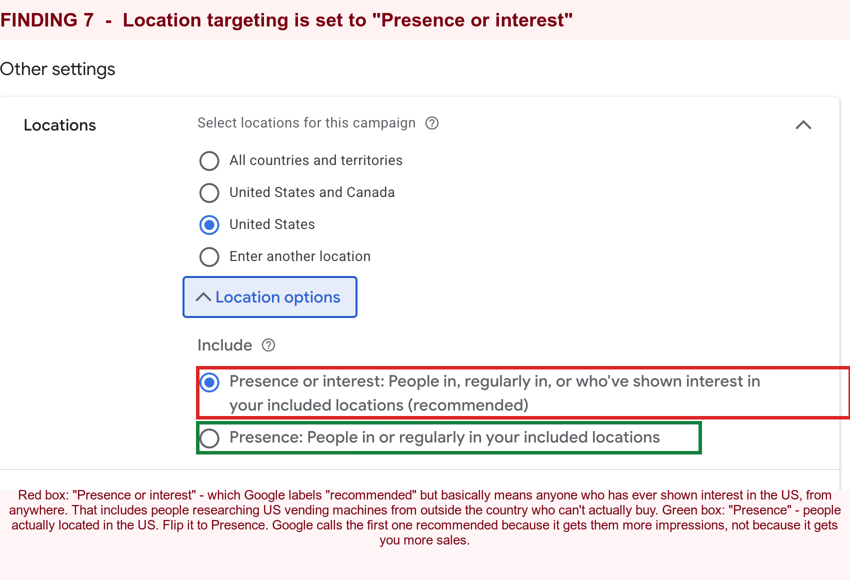 Location options showing Presence or interest selected, should be Presence
